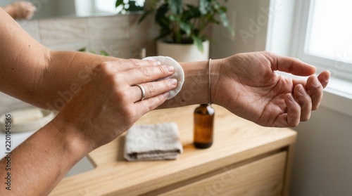 Woman applying skincare product with cotton pad to her arm in a bright, minimalist bathroom setting