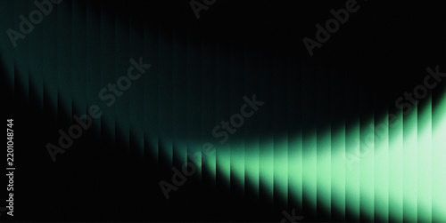 Abstract green glowing wave formed by repeating vertical light bars on a dark black background