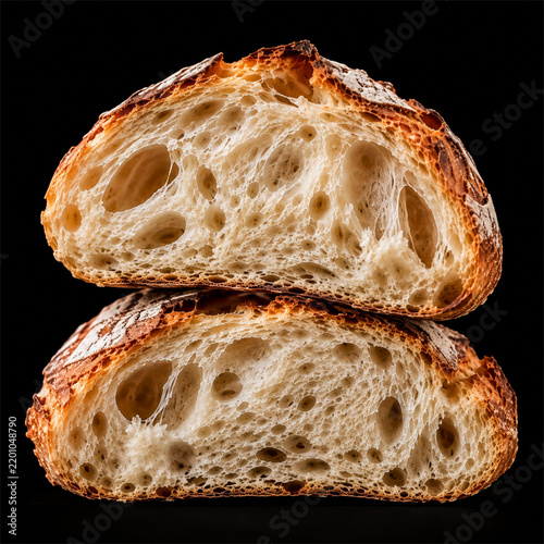 Sliced Fresh Sourdough Bread Halves Isolated on Black Background