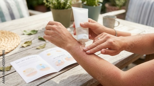 Woman applying sunscreen to arm outdoors, with skincare instructions pamphlet nearby