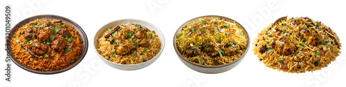 Delicious traditional biryani dishes set featuring spicy chicken rice with aromatic herbs and spices served in ceramic bowls on transparent background