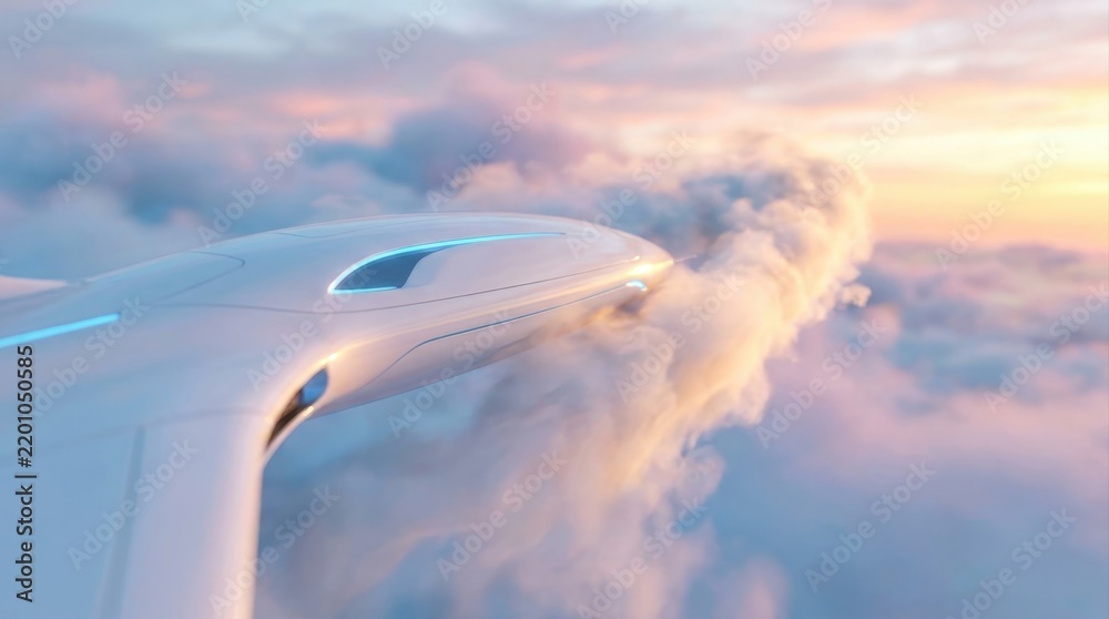 Fototapeta premium Futuristic white aircraft flying above clouds during golden sunset sky