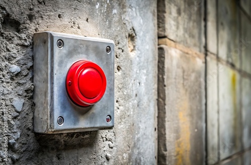 Industrial Red Emergency Stop Button Attached to a Concrete Wall Construction Site