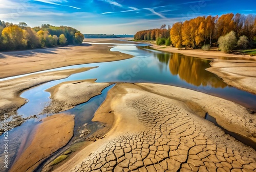 Landscape of a Drying River with Cracked Mud and Autumn Colored Trees drought water