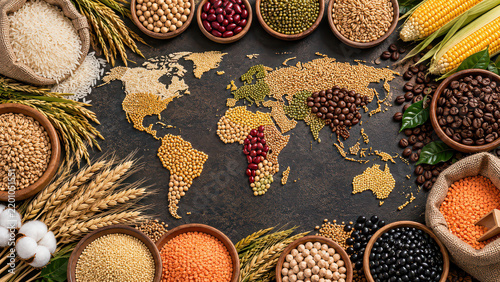 Grain, legume, world map, seed, cereal arrangement on dark rustic background