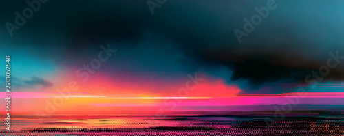 Abstract Halftone Landscape with Dithered Horizon and CMYK Dots Coastal Scene