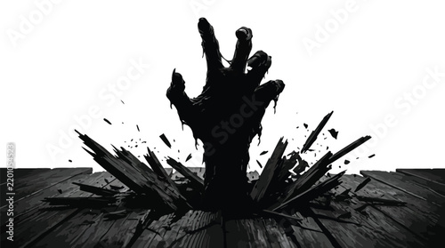 Sinister zombie hand breaking through wooden planks with dark shadows and high contrast dramatic lighting effects