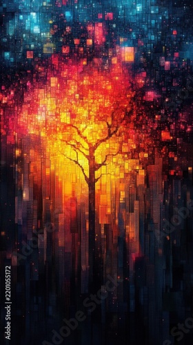 Abstract Digital Art Of A Radiant Glowing Golden Tree Against A Dark Pixelated Blue Night