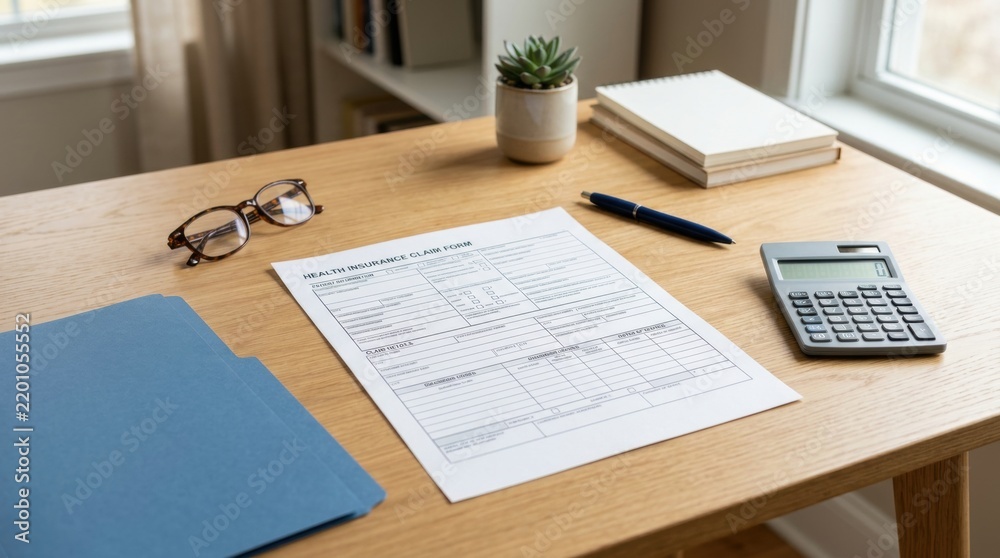 Obraz premium Health insurance claim form on a wooden desk with calculator, glasses, pen, folder, notebook and small plant by a window, creating a calm office scene for finance and healthcare paperwork