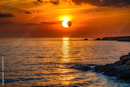Partial solar eclipse over the ocean at sunset with golden light reflection moon