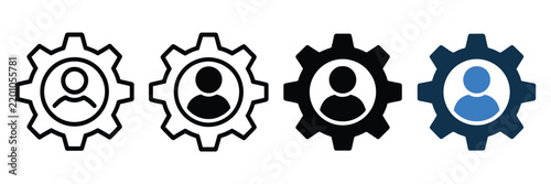 person with gear icon for human resource management, user profile settings and manpower development