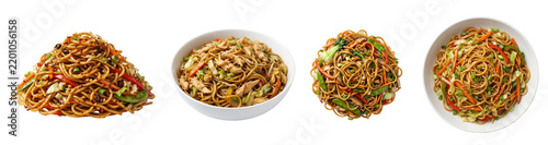 Delicious stir fried noodles with fresh vegetables and chicken served in various bowls and piles isolated on transparent background