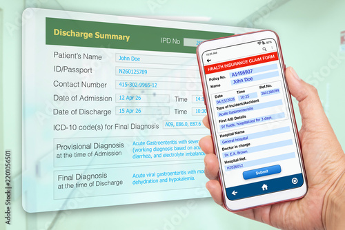 Health insurance claim form application on smartphone with patient hospital discharge information.