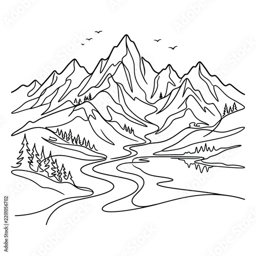 Simple mountain landscape illustration with snow peaks