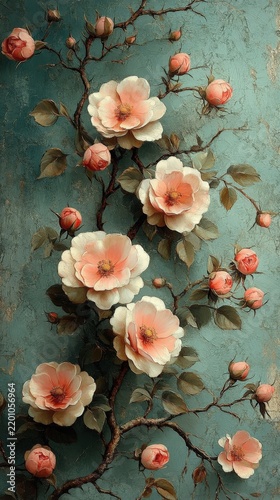 Delicate Peach Colored Flowers Blooming On A Textured Dark Teal Wall Surface