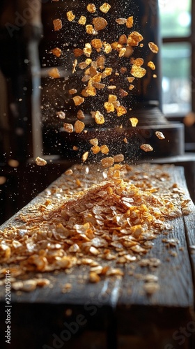 Golden Breakfast Cereal Pieces Falling Onto A Rustic Dark Wooden Surface With Warm Backlighting For