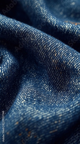 Deep Blue Indigo Denim Fabric Texture Close Up With Soft Folds And Visible Cotton Twill Weave