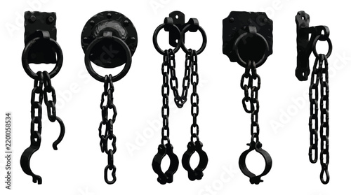 Ornate antique wrought iron shackles and rings with heavy chains isolated on a plain background