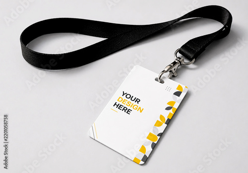 Corporate ID Card Badge Mockup with Black Lanyard on Light Background
