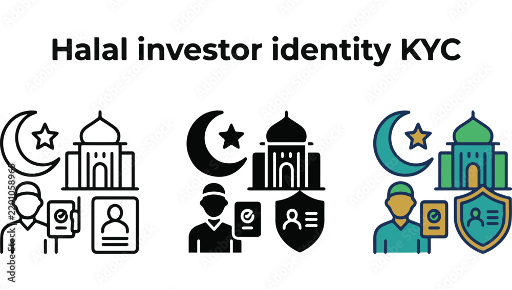 Fototapeta premium A set of three distinct icons for halal investor identity and kyc verification procedures featuring a mosque, crescent star, and personal identification documents in various graphic styles.