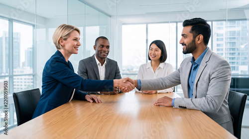 Diverse business professionals shaking hands across a conference table in a modern office meeting room