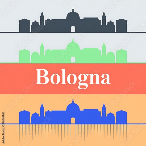 Bologna city skyline silhouette with colorful horizontal stripes