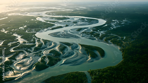 Winding Waterways of the Mississippi River Delta from Above at Sunset