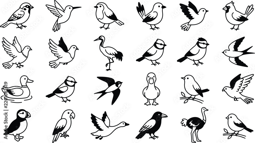 Obraz premium Minimalist bird icons set, black and white avian vector illustrations, collection of 24 flying and perched wild birds for nature branding