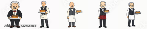 Vector set of a grandfatherly restaurant waiter carrying a delicious hot dog.