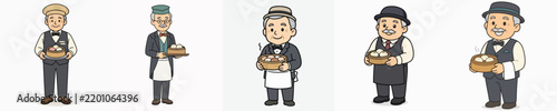 Vector set of a grandfatherly restaurant waiter carrying a delicious dim sum dish.