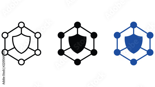 Three variations of a hexagonal network node with a central shield, shown in outline, solid black, and solid blue on a white background