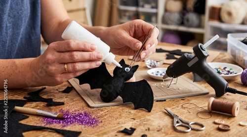 Hands crafting a black felt bat decoration for Halloween