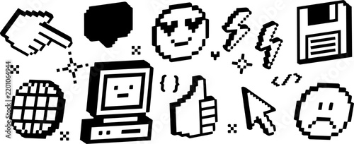 Collection of computer and internet inspired pixel art icons with internet symbo