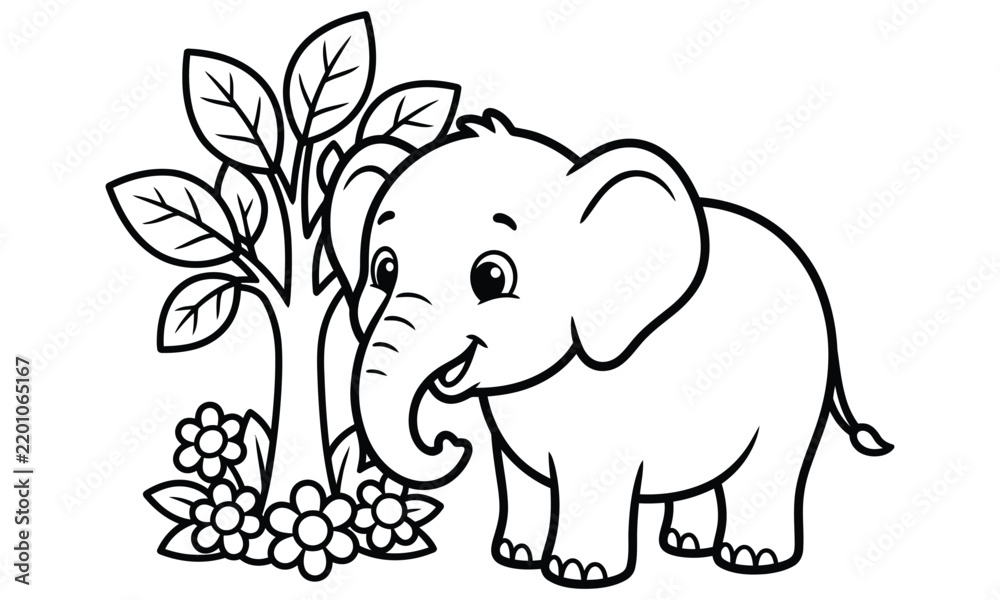 Obraz premium Cute Cartoon Baby Elephant Standing Beside Tree and Flowers Coloring Page