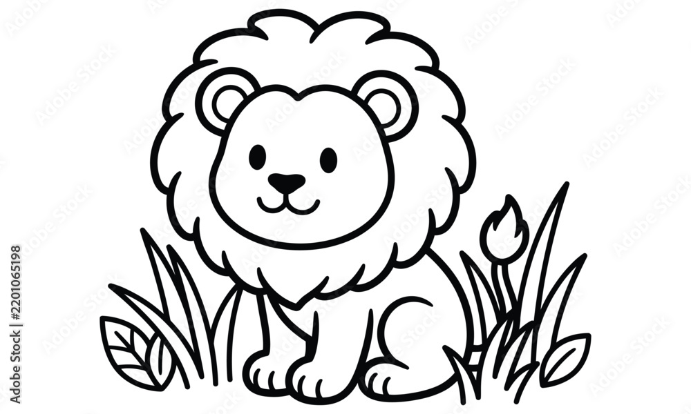 Fototapeta premium Cute Cartoon Baby Lion Cub Sitting in Meadow Grass Coloring Page for Kids