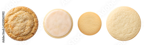 Delicious assorted round cookies featuring sugary tops and smooth glazed textures arranged in a horizontal row for culinary presentation projects displayed on transparent background