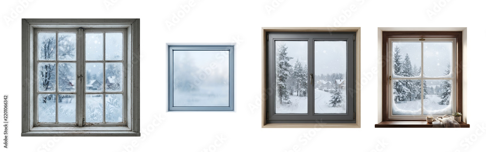 Fototapeta premium Multiple different window styles showcasing frosty winter landscapes with wooden and metallic frames and detailed snowy outdoor scenes presented in a collection isolated on transparent background
