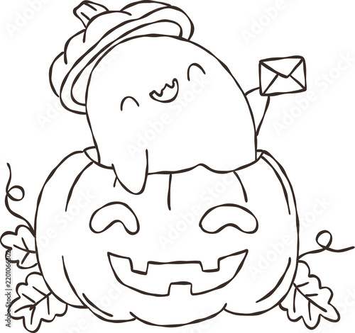 Cute Retro Halloween Ghost Mail Ghost Inside Pumpkin. Creative Cartoon Doodle Outline Hand Draw