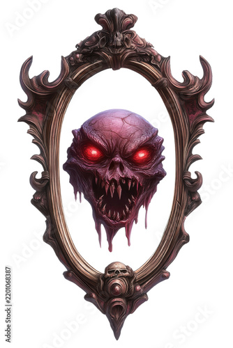 A sinister, glowing-eyed demonic skull with jagged teeth drips below, framed by an ornate, gothic mirror frame.