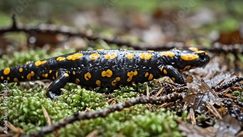 Black and yellow spotted salamander on mossy forest floor