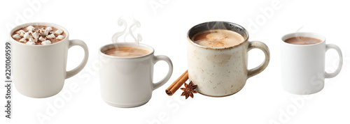 Delicious hot chocolate drinks in various ceramic mugs with marshmallows and aromatic spices like cinnamon sticks and star anise displayed on transparent background