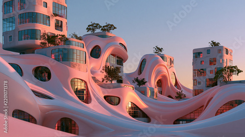 Futuristic organic pink architecture blending seamlessly with flowing sculptural landscape dunes at sunset   