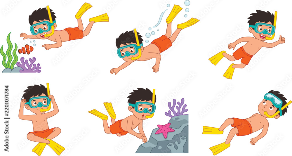 Obraz premium Cute Cartoon Boy Snorkeling and Scuba Diving Vector Character Set Featuring Little Kid Swimming Under Water with Fish Coral Reef Starfish and Sea Shells