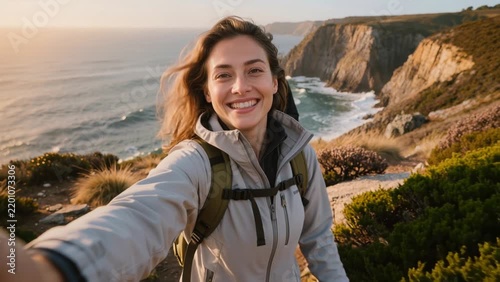 Joyful young woman taking a selfie while hiking a rugged coastal trail with a male companion, ocean cliffs and golden grasses illuminated by warm afternoon sunlight.