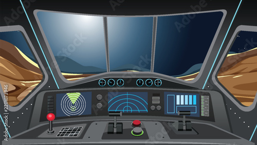 Futuristic Spaceship Cockpit Interior Overlooking a Rocky Alien Planet Surface