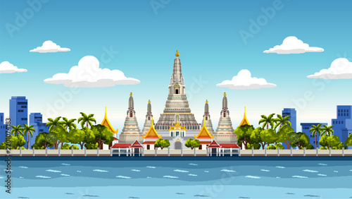 Flat Vector Illustration of Bangkok Cityscape with Wat Arun Temple Landmark