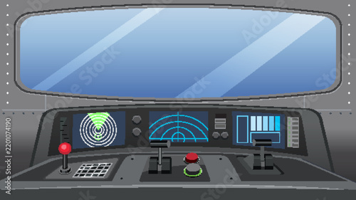 Futuristic Spaceship Cockpit Interior with Control Panel and Radar Screens