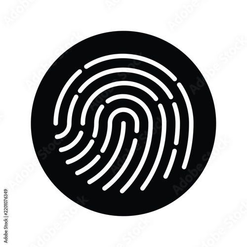 Black fingerprint icon representing biometric identity, personal identification, digital security, authentication, privacy, and access control.