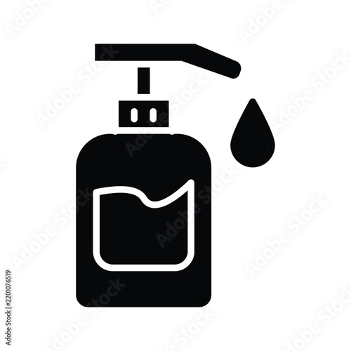 Black hand sanitizer dispenser icon representing hand hygiene, cleanliness, disinfection, healthcare, and infection prevention.