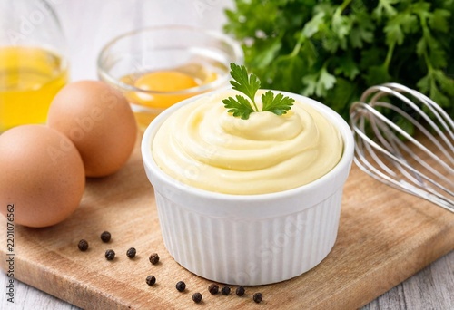 Creamy homemade mayonnaise in a white ceramic bowl garnished with parsley, surrounded by eggs, peppercorns and whisk on a rustic wooden board.
